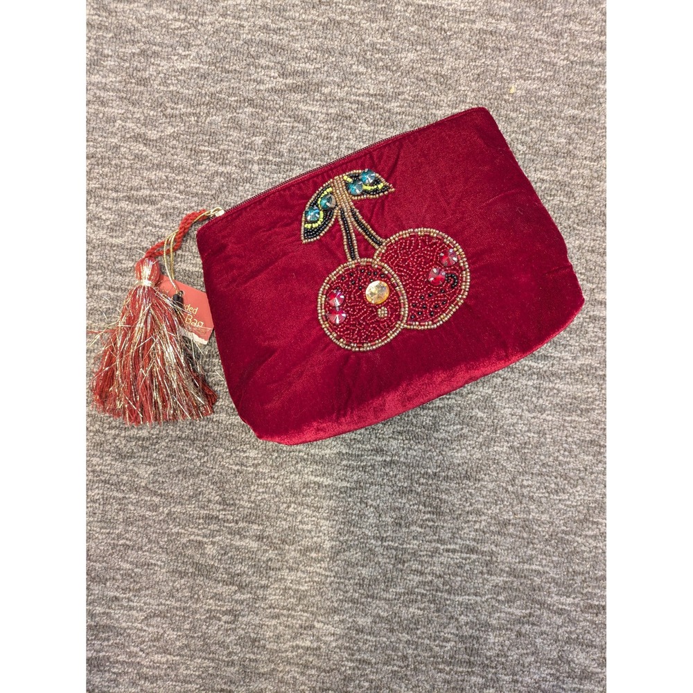 Burgundy Velvet Beaded Cherry Pouch Tassel Zip Clutch Bag Red NEW